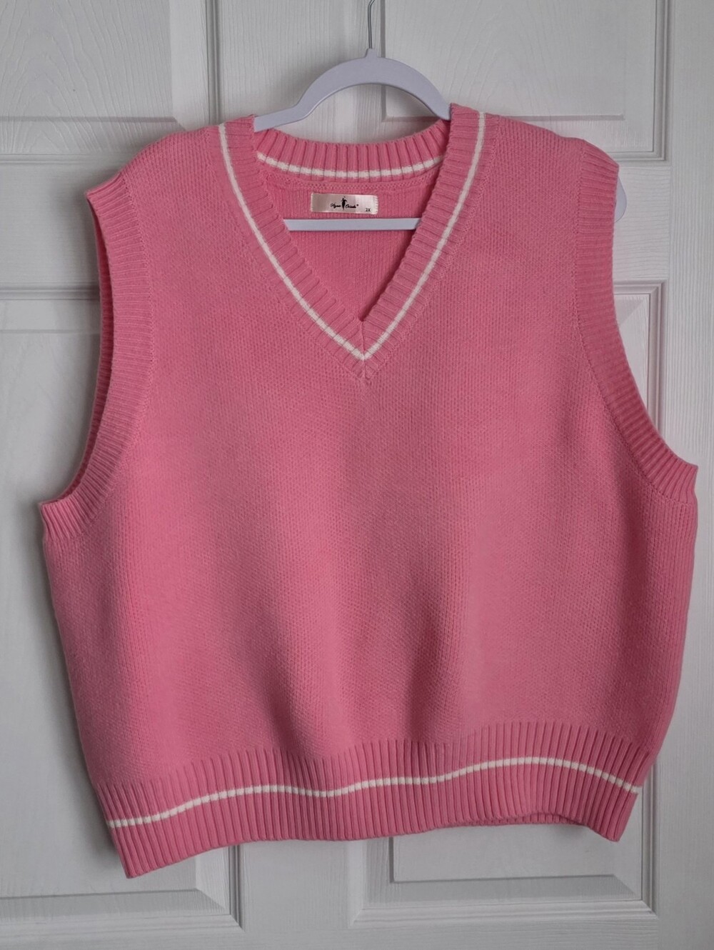 Agnes Orinda Pink Stripe Trim V-Neck Sweater Vest Plus Size 2X Preppy